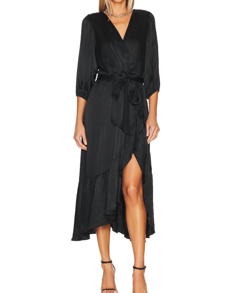 Front of a model wearing a size XL Ruffle Surplice Midi Dress In Black in Black by bobi. | dia_product_style_image_id:342204